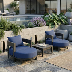 Anderson Teak Coronado 5-piece aluminum outdoor sofa set with 2 armchairs and 2 ottomans in sage color for garden lounge.