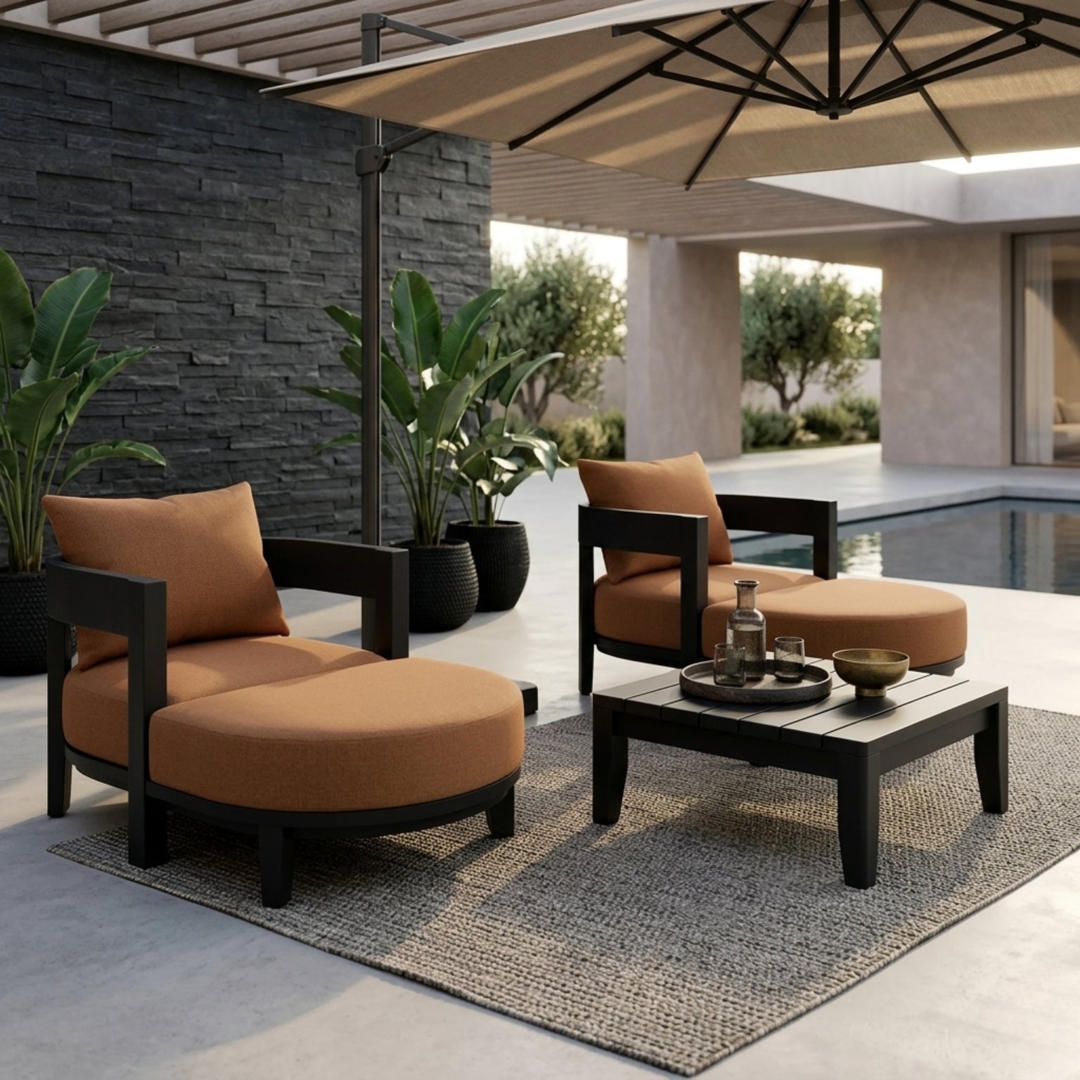 Anderson Teak 5-piece Coronado aluminum outdoor sofa set with two armchairs and two ottomans in sage color for garden lounge.