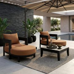 Anderson Teak 5-piece Coronado aluminum outdoor sofa set with two armchairs and two ottomans in sage color for garden lounge.