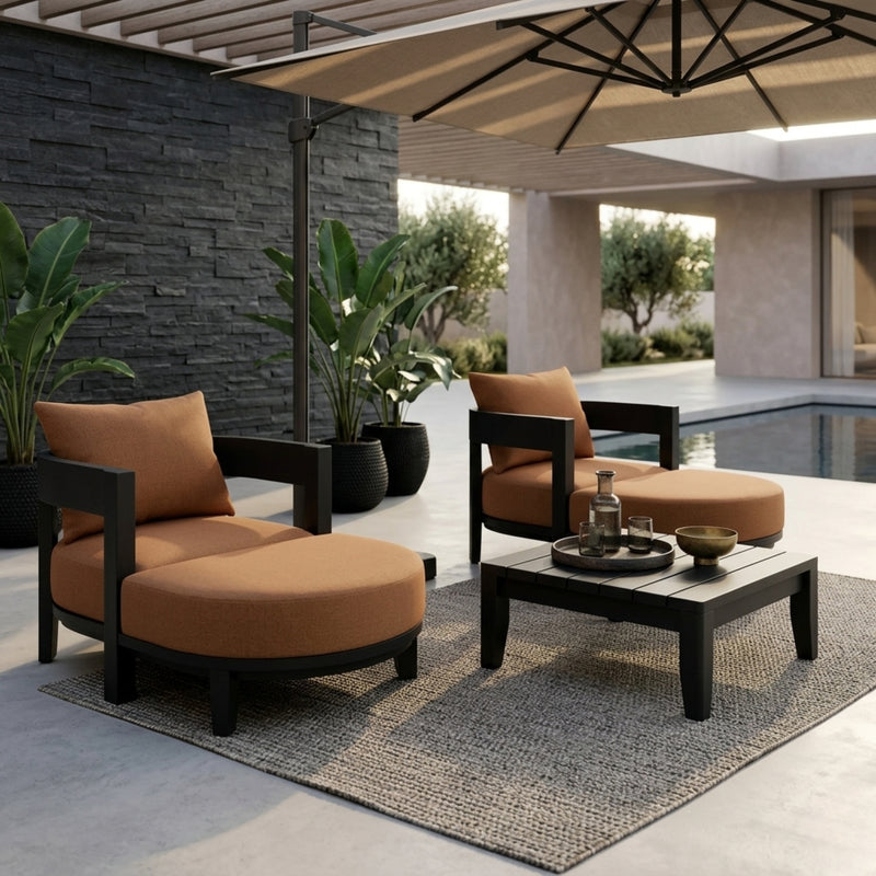 Anderson Teak 5-piece Coronado aluminum outdoor sofa set with two armchairs and two ottomans in sage color for garden lounge.