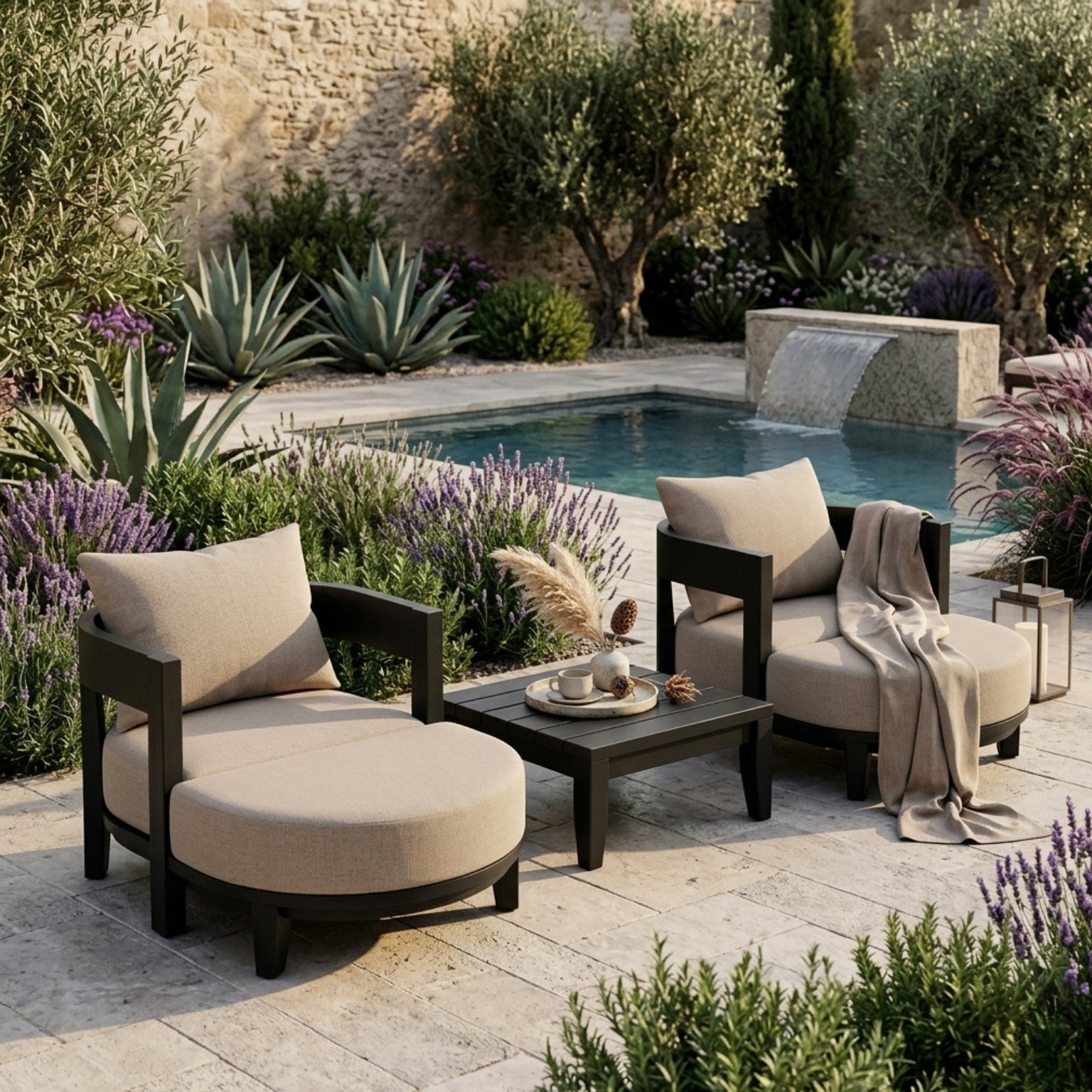Anderson Teak Coronado 5-piece aluminum outdoor sofa set with 2 armchairs and 2 ottomans in sage for garden lounge.