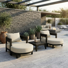 Anderson Teak Coronado 5-piece aluminum outdoor sofa set with two armchairs and ottomans in sage green, outdoor patio lounge.