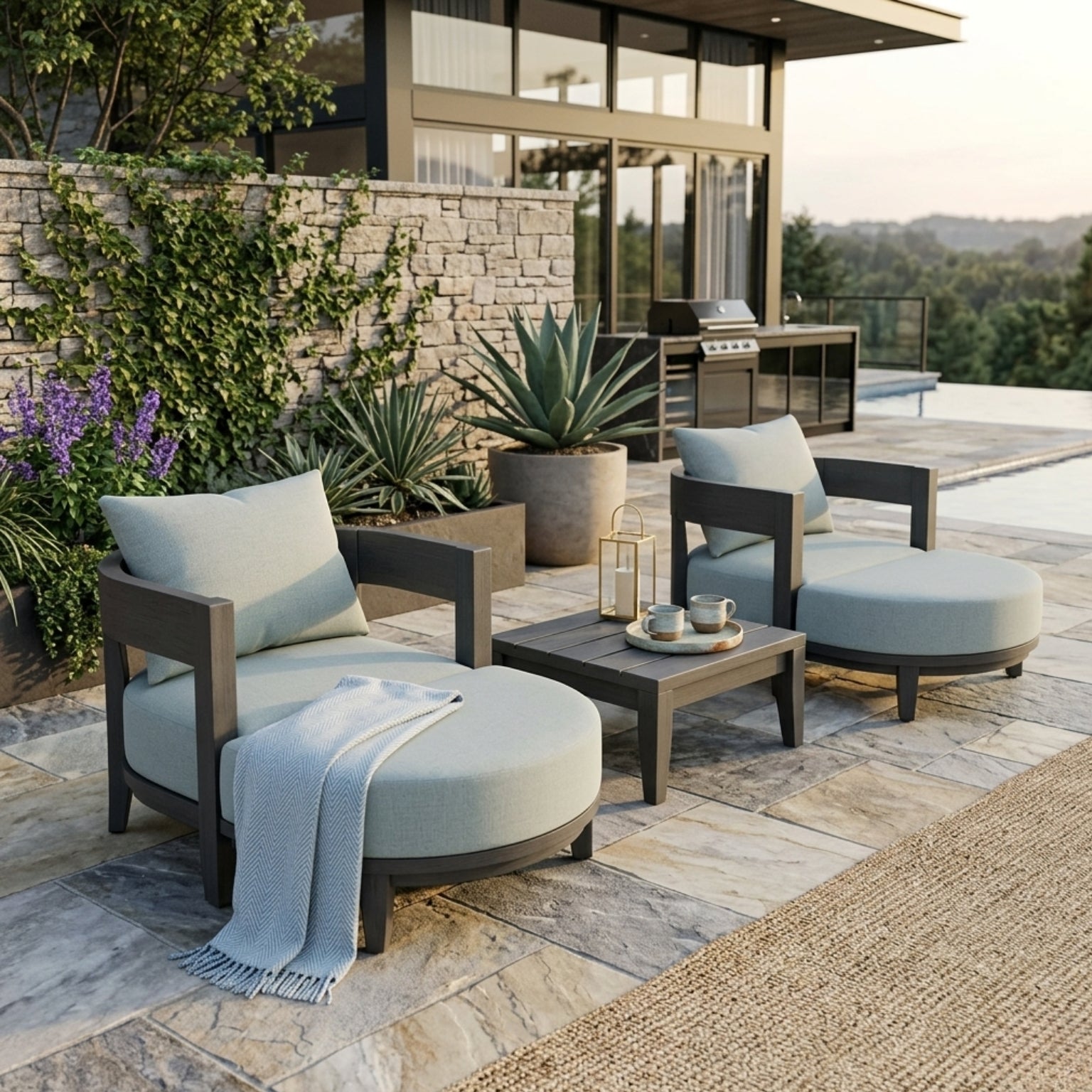 Anderson Teak 5-piece Coronado aluminum outdoor sofa set with 2 armchairs and 2 ottomans in sage green for garden lounging.