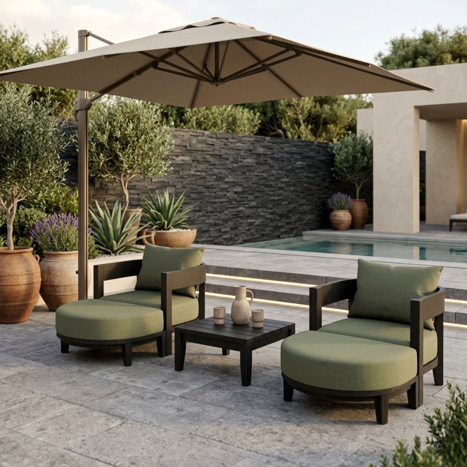 Anderson Teak 5-piece Coronado aluminum outdoor sofa set with two armchairs and two ottomans in sage color for garden lounge.