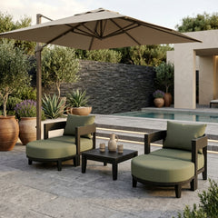 Anderson Teak 5-piece Coronado aluminum outdoor sofa set with two armchairs and two ottomans in sage color for garden lounge.