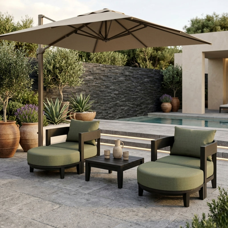 Anderson Teak 5-piece Coronado aluminum outdoor sofa set with two armchairs and two ottomans in sage color for garden lounge.