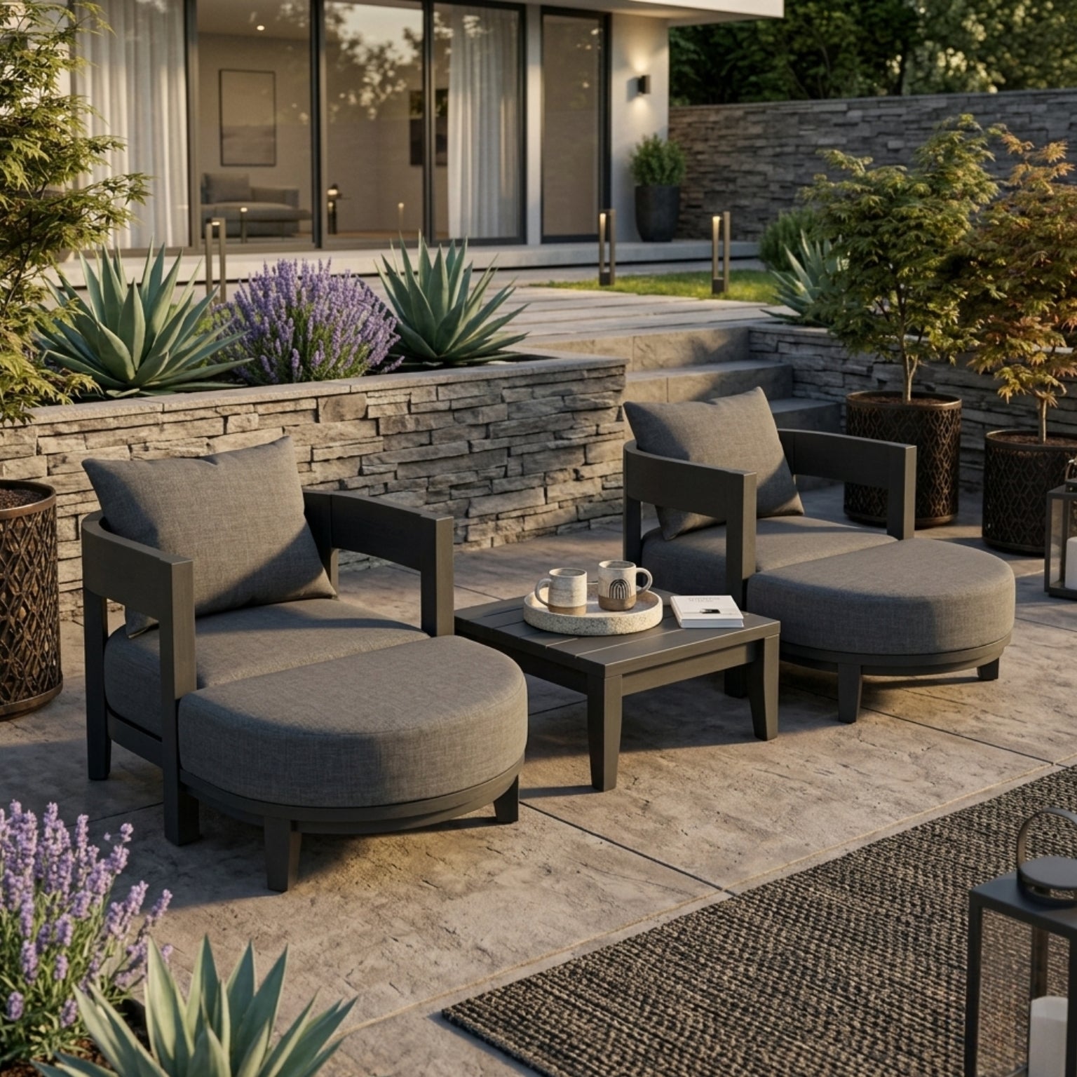 Anderson Teak Coronado 5-piece aluminum outdoor sofa set with 2 armchairs and 2 ottomans in sage green for garden lounge.