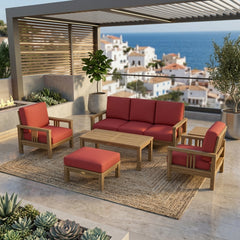 Outdoor Anderson Teak Southbay Teak Wood Deep Seating Sofa Set in sage, with cushions and garden lounge setting.