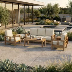 Southbay teak wood outdoor sofa set by Anderson Teak with deep seating in sage green, part of the Southbay collection.
