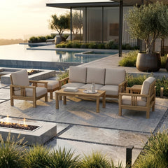 Anderson Teak Southbay teak wood outdoor sofa set with deep seating in cast sage, part of the 9-color Southbay collection.