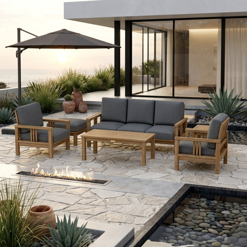 Southbay Teak Wood outdoor sofa set by Anderson Teak featuring deep seating, garden lounge style, in sage color.