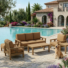 Southbay Teak Wood outdoor sofa set by Anderson Teak, deep seating with cushions, in sage color for garden lounge and patio.