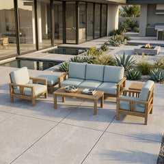 Anderson Teak Southbay outdoor sofa set with deep teak wood seating in sage color, perfect for garden lounge and patio relaxation.