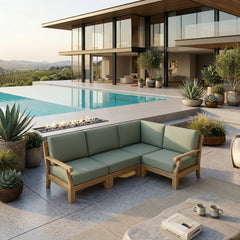 Anderson Teak Riviera teak wood outdoor sectional sofa in sage, with deep seating and modern design for garden lounge.