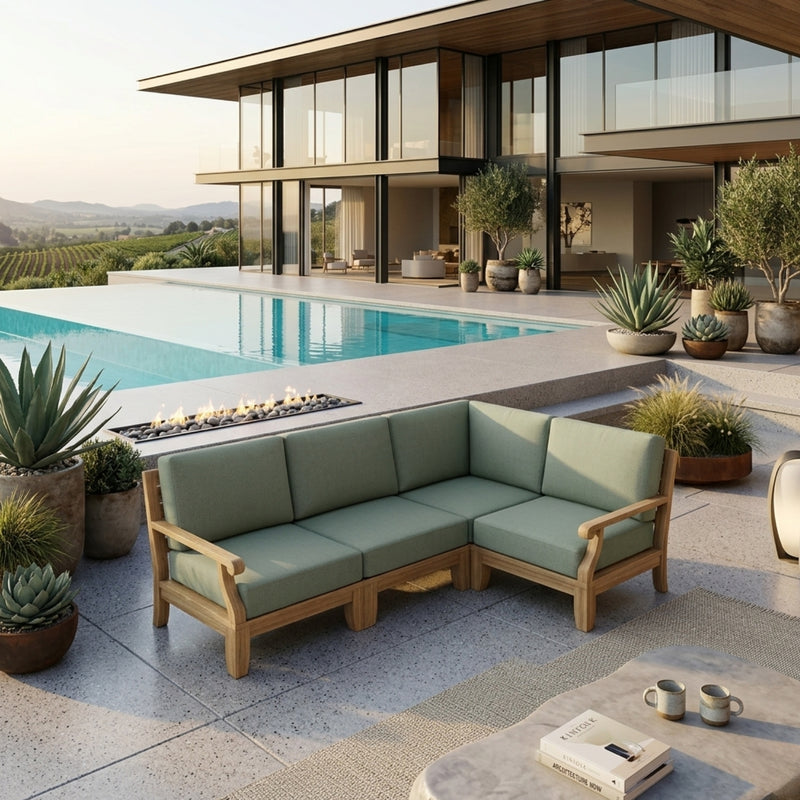 Anderson Teak Riviera teak wood outdoor sectional sofa in sage, with deep seating and modern design for garden lounge.