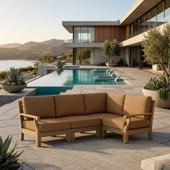 Anderson Teak Riviera teak wood outdoor sofa set with deep seating, in sage color, for garden lounge and patio relaxation.