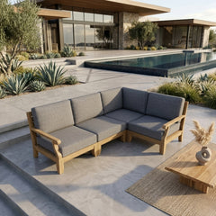 Anderson Teak Riviera outdoor sectional sofa in cast sage, featuring teak wood frame, deep seating, perfect for garden lounge.