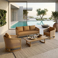 Anderson Teak Catania outdoor teak wood deep seating sofa set in slate color with four pieces for garden lounge.
