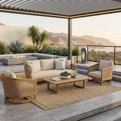 Anderson Teak outdoor sofa set with deep teak wood seating and cushions in slate color, part of the Catania 4-piece patio lounge set.
