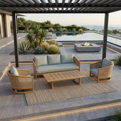 Anderson Teak Catania outdoor sofa set with teak wood frames in slate color, featuring deep seating for garden lounge and patio.