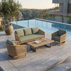 Anderson Teak Catania outdoor sofa set with deep teak wood seating in slate color, part of 4-piece patio lounge collection.