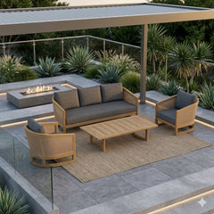 Anderson Teak Catania outdoor sofa set with four deep seating teak wood chairs in slate gray for garden lounge.