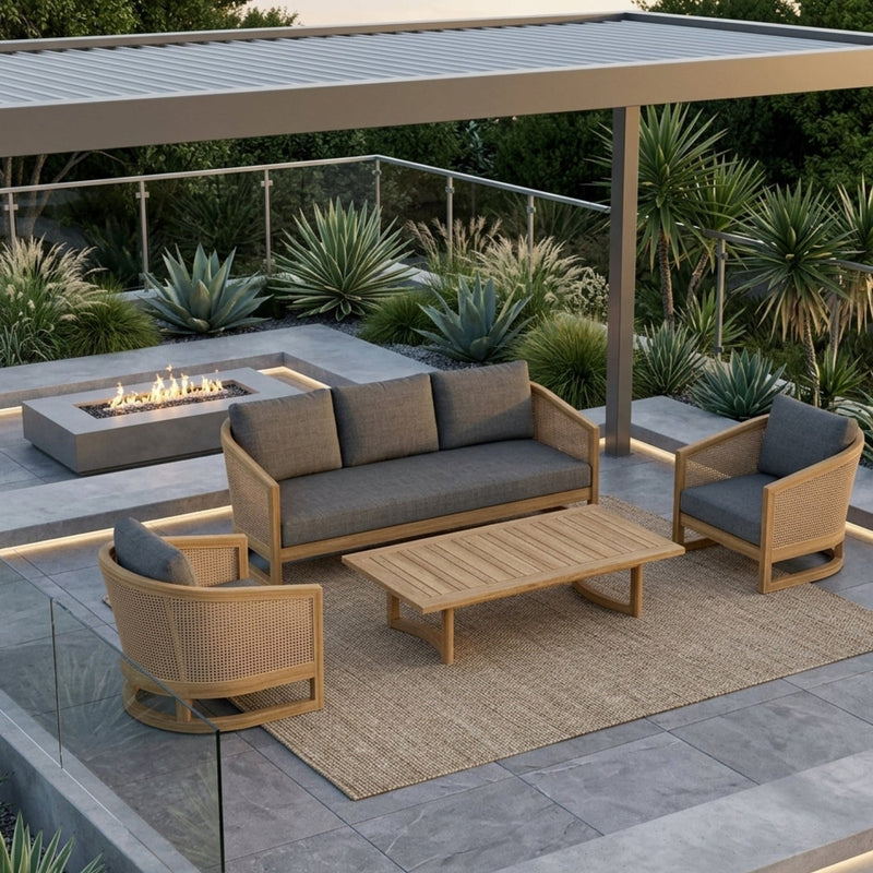 Anderson Teak Catania outdoor sofa set with four deep seating teak wood chairs in slate gray for garden lounge.