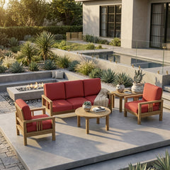 Southbay Teak Wood outdoor sofa set by Anderson Teak, deep seating 5-piece patio lounge with slate cushions and stylish design.