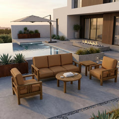 Anderson Teak Southbay Teak Wood Deep Seating 5-Piece Outdoor Sofa Set with cushions in slate color for garden lounge.