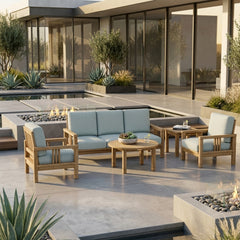 Anderson Teak Southbay Teak Wood 5-Piece Outdoor Sofa Set with deep seating and slate-colored cushions for garden lounge.