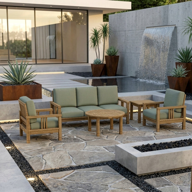 Anderson Teak Southbay Teak Wood 5-piece outdoor sofa set with deep seating in cast slate, ideal for garden lounges.