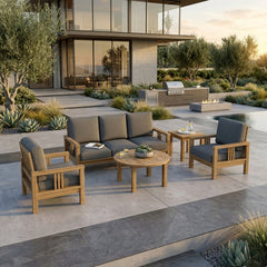 Anderson Teak SouthBay Teak Wood 5-Piece Outdoor Patio Sofa Set with deep seating in cast slate color, perfect for garden lounge.
