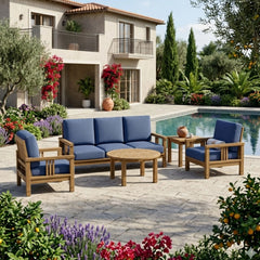 Anderson Teak Southbay Teak Wood 5-piece outdoor sofa set with deep seating, in cast slate color, for garden lounge and patio.