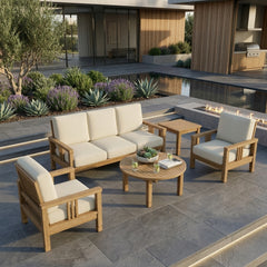 Southbay Teak Wood outdoor sofa set by Anderson Teak, deep seating 5-piece patio furniture in cast slate color.