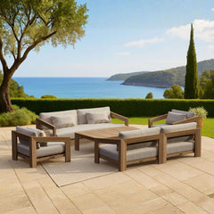 Anderson Teak Smyrna outdoor deep seating sofa set with plush cushions, designed for garden lounge and outdoor patio relaxation.