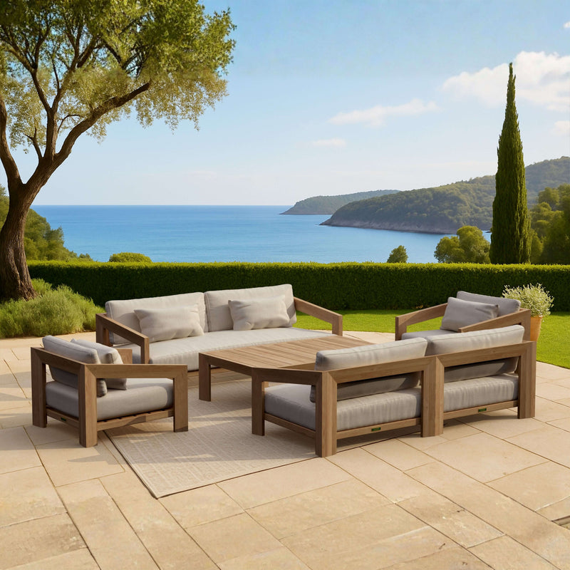 Anderson Teak Smyrna outdoor deep seating sofa set with plush cushions, designed for garden lounge and outdoor patio relaxation.