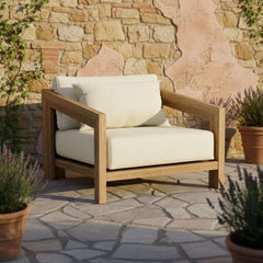 Anderson Teak Smyrna outdoor deep seating sofa set with plush cushions in various designer colors for garden lounge comfort.
