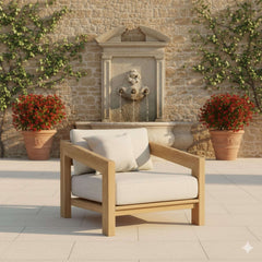 Anderson Teak Smyrna teak wood outdoor sofa set with deep seating and cushions, ideal for garden lounge or patio relaxation.
