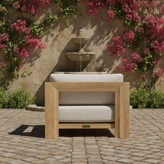 Outdoor Anderson Teak Smyrna deep seating sofa set in designer colors, featuring teak wood construction for garden lounge comfort.