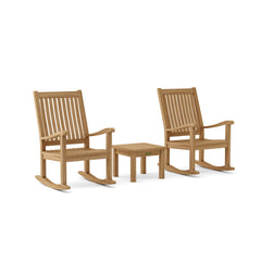 Set of nine designer-colored Anderson Teak rocking chairs, featuring sleek wooden design and curved rockers.