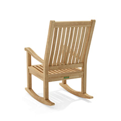 Set of Anderson Teak rocking chairs in nine designer colors, showcasing comfortable wooden outdoor furniture with armrests.