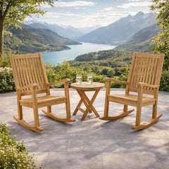 Set of Anderson Teak rocking chairs in nine designer colors with curved wooden seats and armrests, perfect for outdoor relaxation.