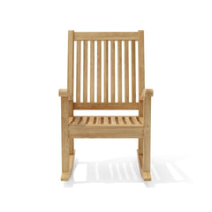 Set of Anderson Teak rocking chairs in nine designer colors, showcasing smooth wooden frames and comfortable seating.