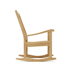 Set of Anderson Teak rocking chairs in nine designer colors, featuring wooden frames and curved armrests.