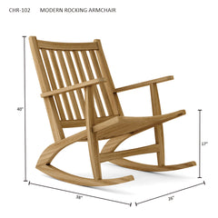 Modern rocking armchair by Anderson Teak in nine designer colors, made of solid A-grade teak for outdoor patio and garden relaxation.