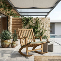 Modern rocking armchair by Anderson Teak with 9 designer color options, showcasing a stylish, comfortable wooden rocking chair.