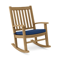 Palm Beach rocking armchair by Anderson Teak in one of nine designer colors, showing a stylish wooden outdoor rocking chair.