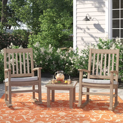 Set of three Anderson Teak Palm Beach rocking chairs in nine designer colors, showcasing comfortable wooden outdoor furniture.