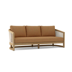 Outdoor Catania Teak Wood 3-Seater Sofa by Anderson Teak with natural canvas cushions, designed for garden patio lounge.