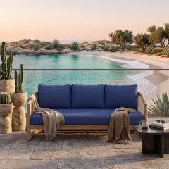 Anderson Teak Catania teak wood outdoor 3-seater patio sofa with natural finish, designed for garden lounge, available in 9 colors.